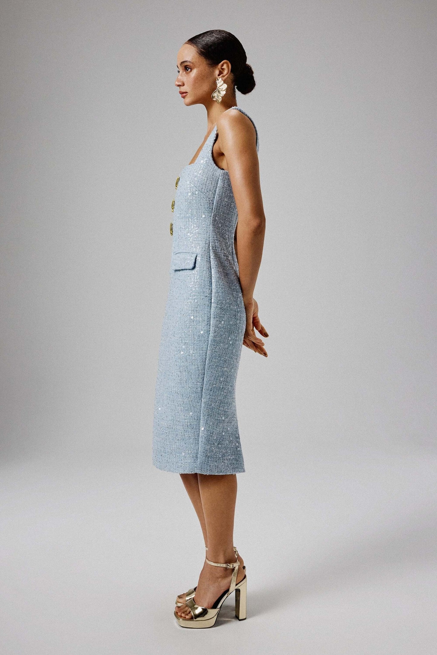 Square Neck Boucle Midi Dress