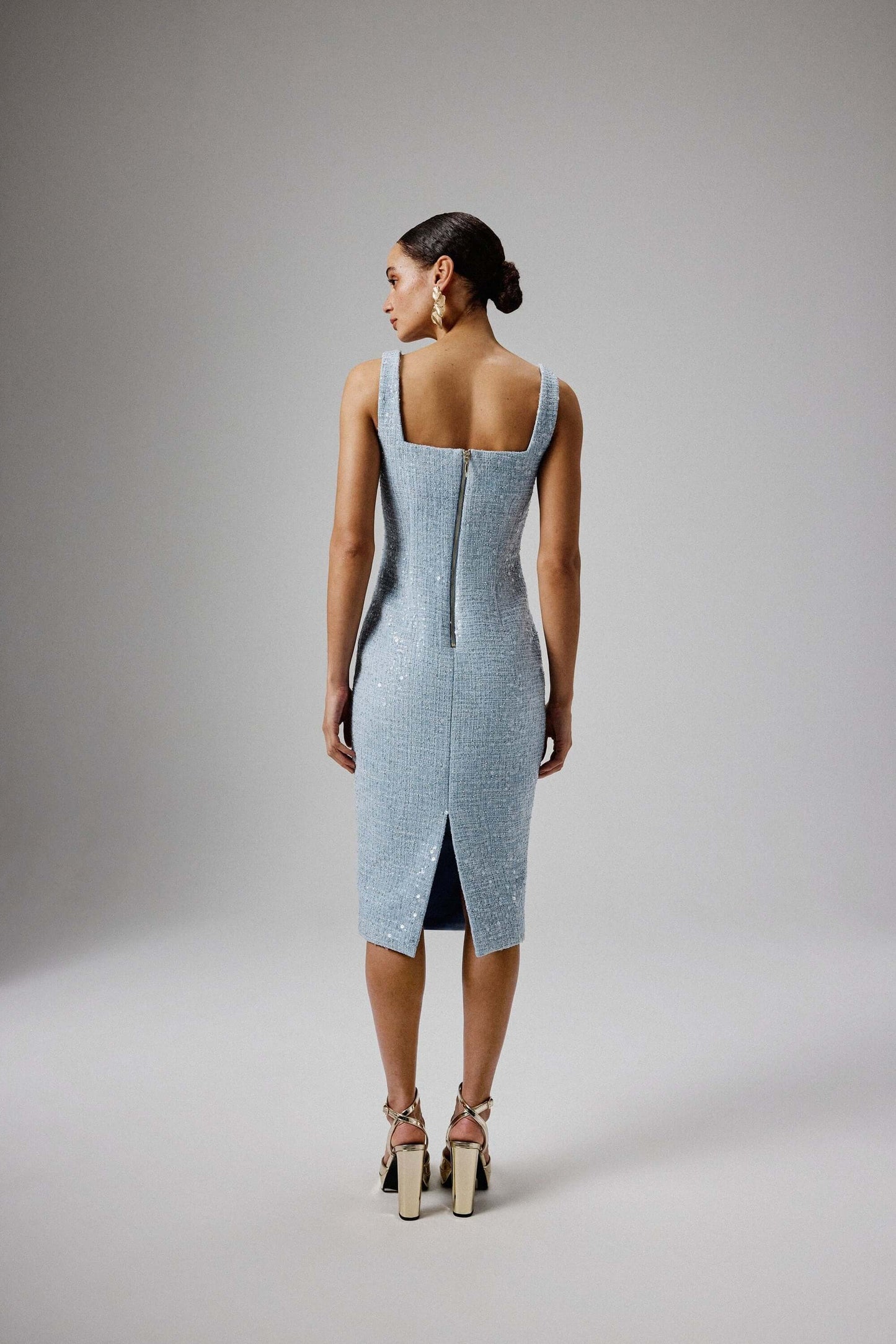 Square Neck Boucle Midi Dress