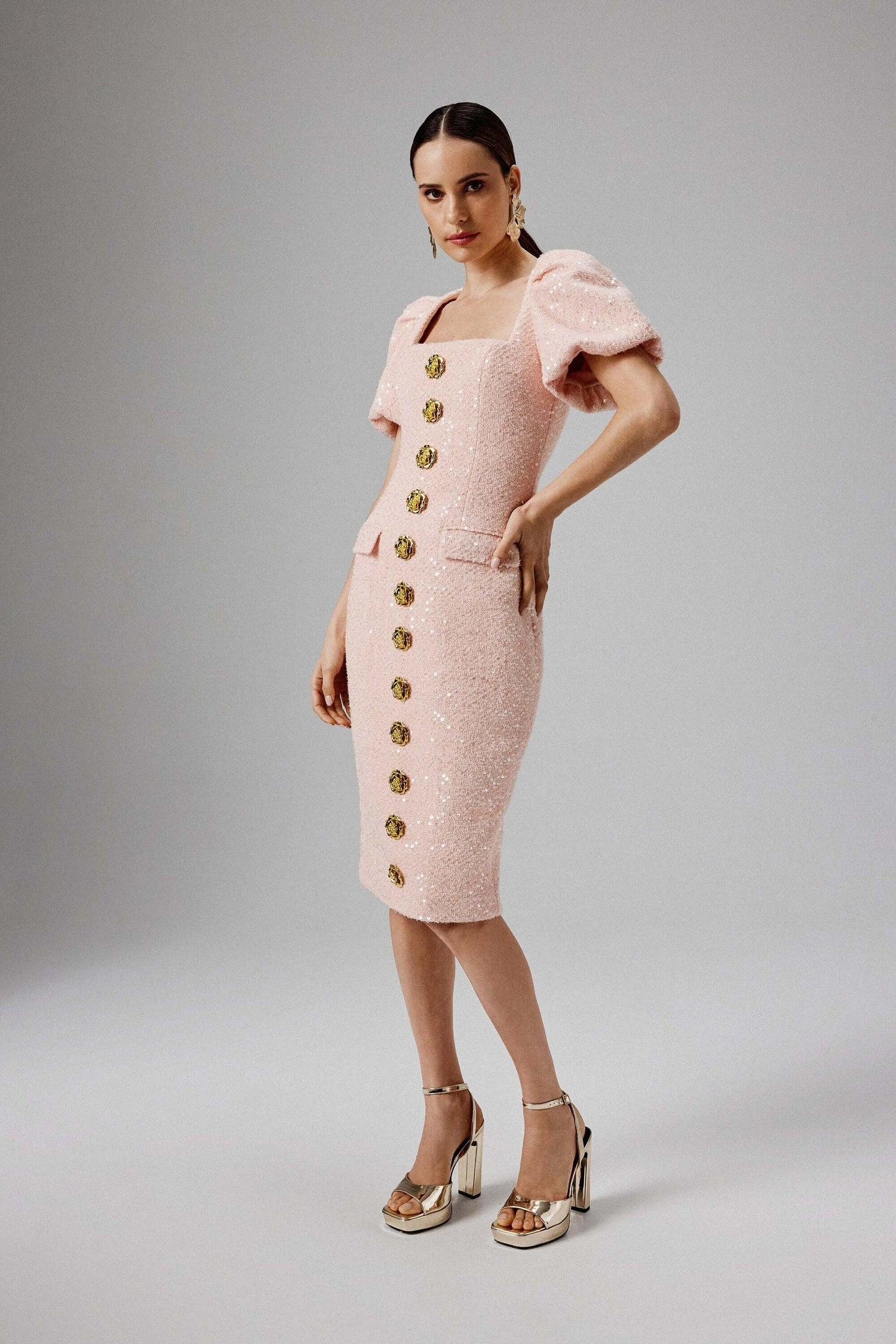 Puff Sleeve Boucle Midi Dress