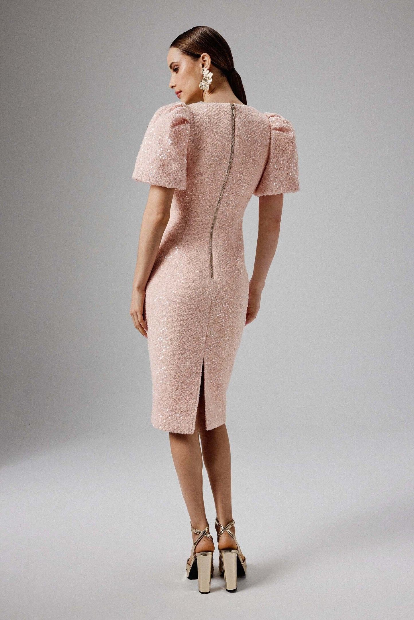 Puff Sleeve Boucle Midi Dress