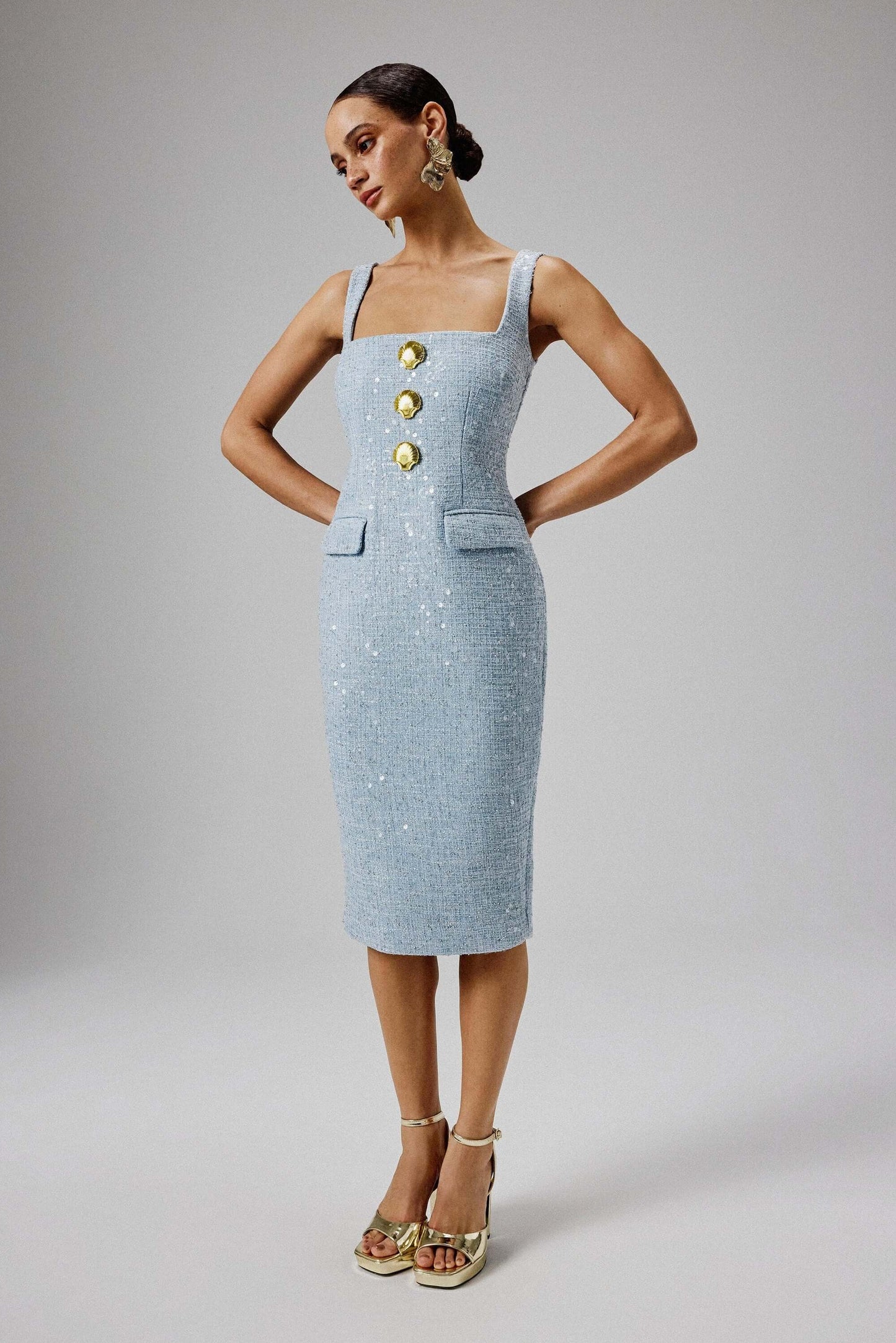 Square Neck Boucle Midi Dress