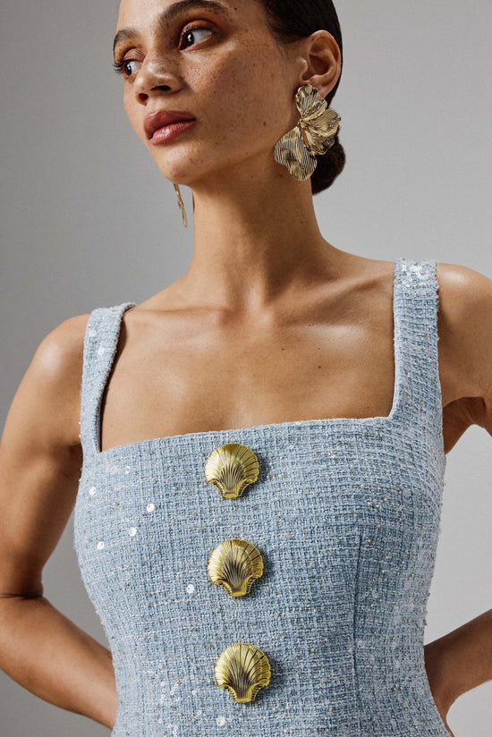 Square Neck Boucle Midi Dress