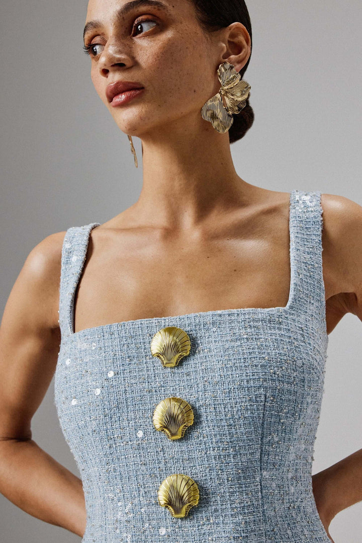 Square Neck Boucle Midi Dress