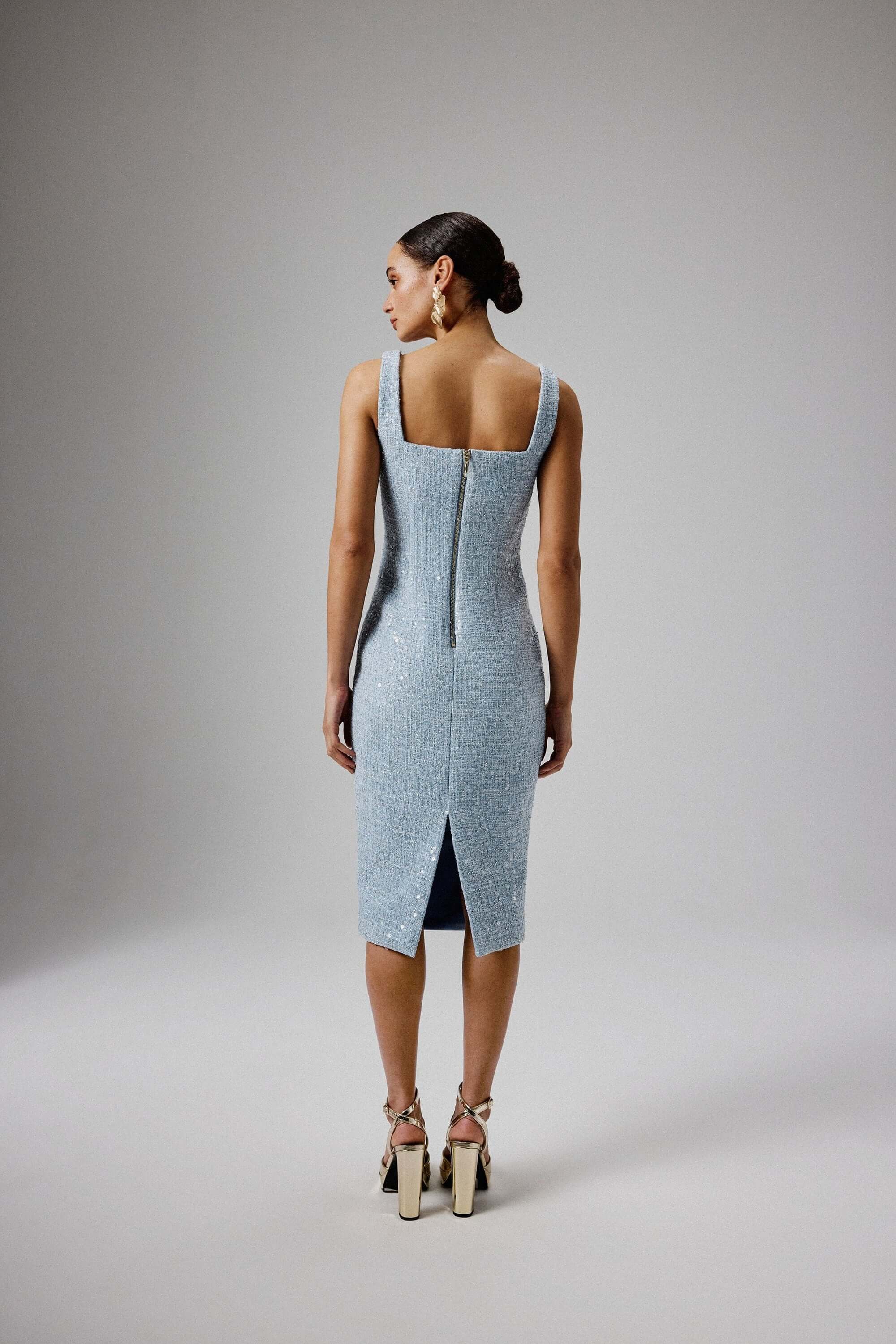 Square Neck Boucle Midi Dress