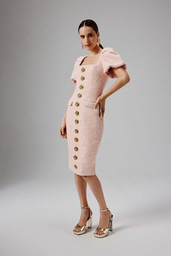 Puff Sleeve Boucle Midi Dress