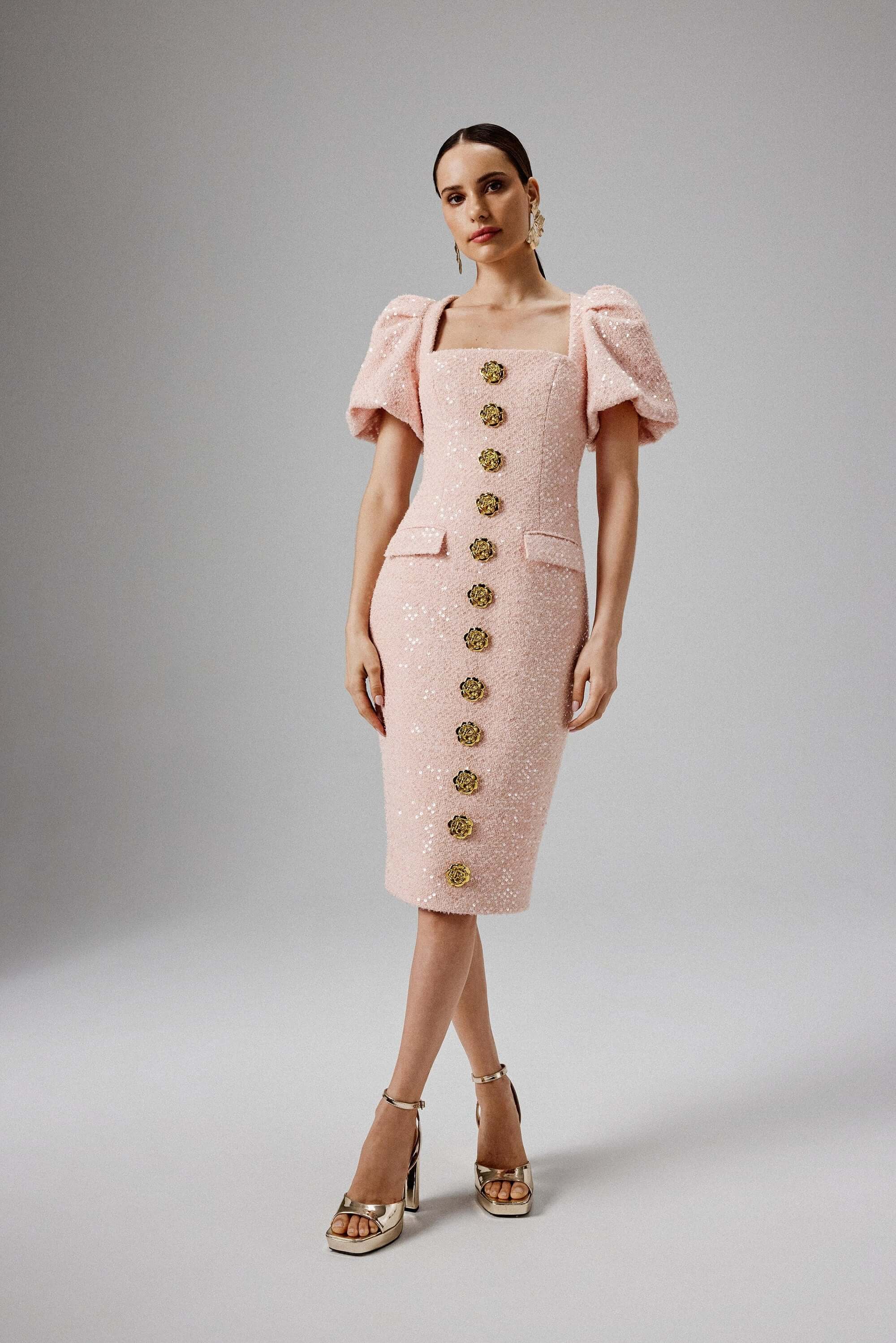 Puff Sleeve Boucle Midi Dress