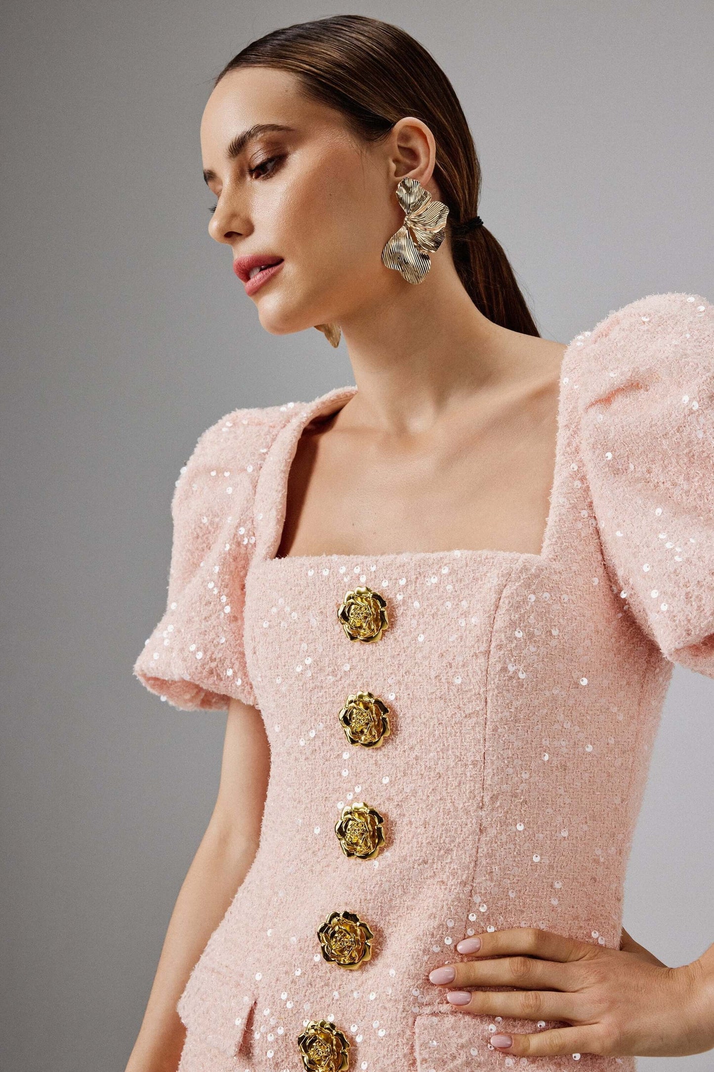 Puff Sleeve Boucle Midi Dress