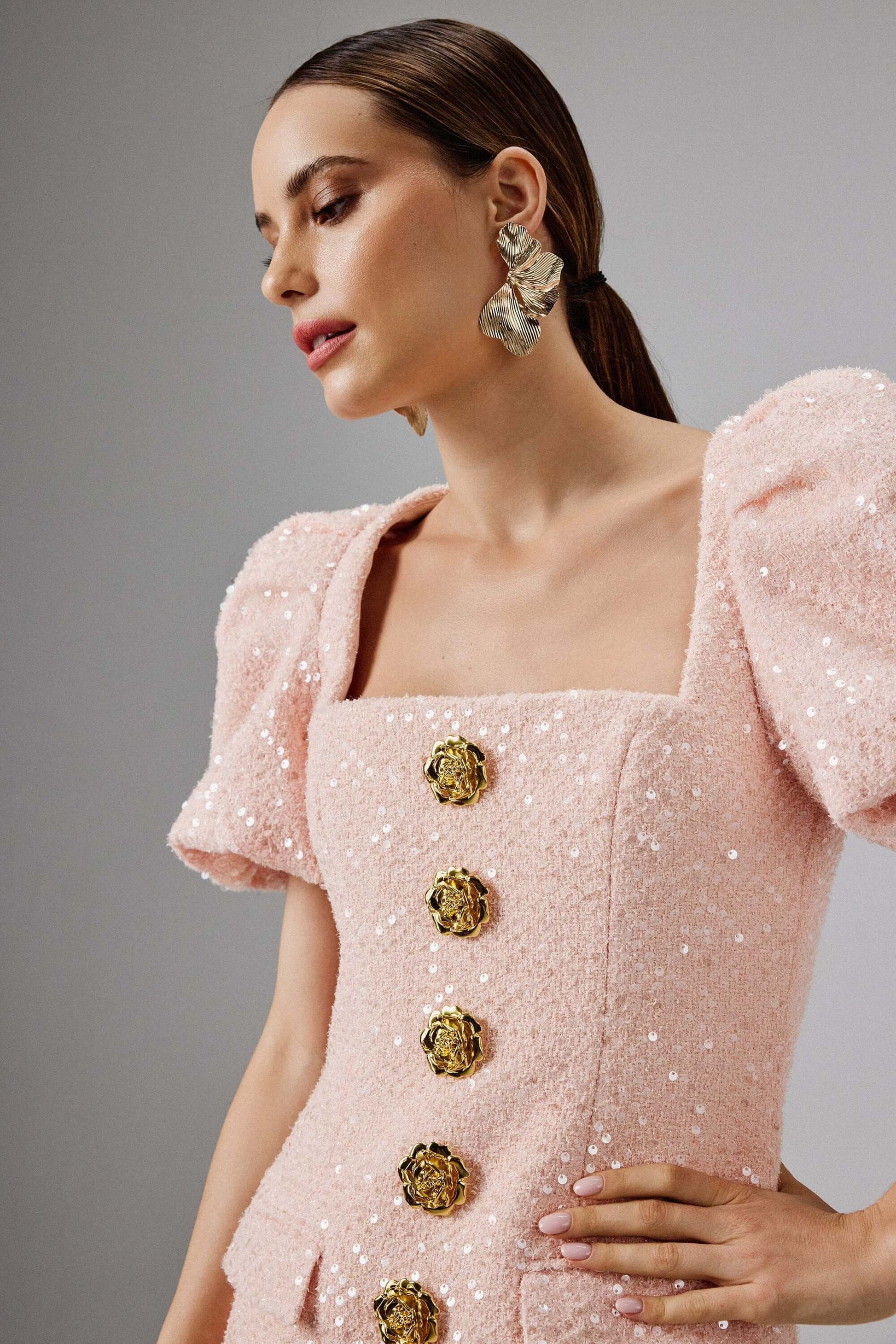 Puff Sleeve Boucle Midi Dress