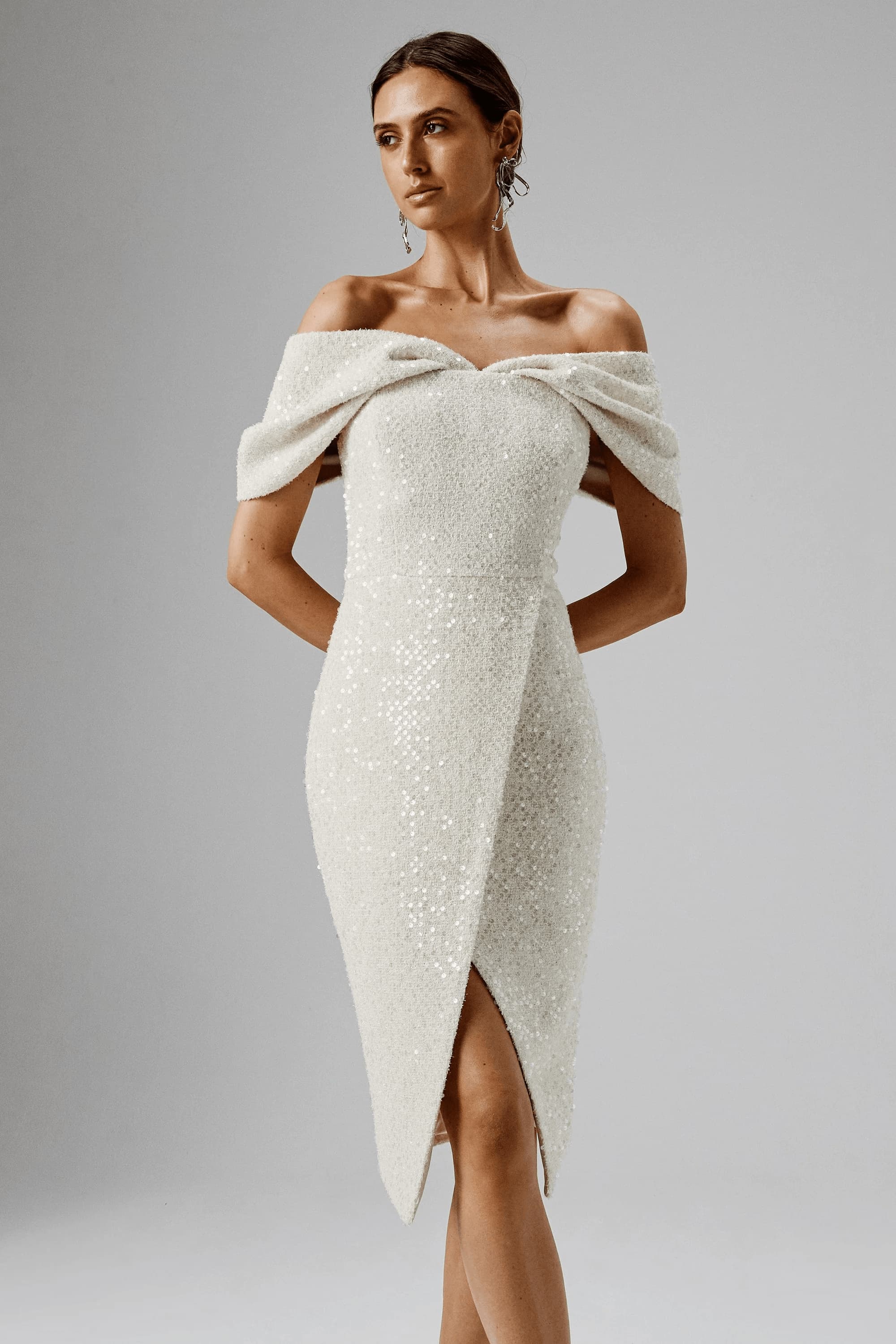 Draped Bardot Sequin Boucle Midi Dress