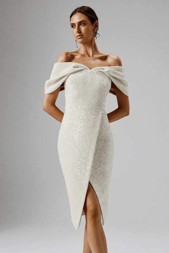 Draped Bardot Sequin Boucle Midi Dress