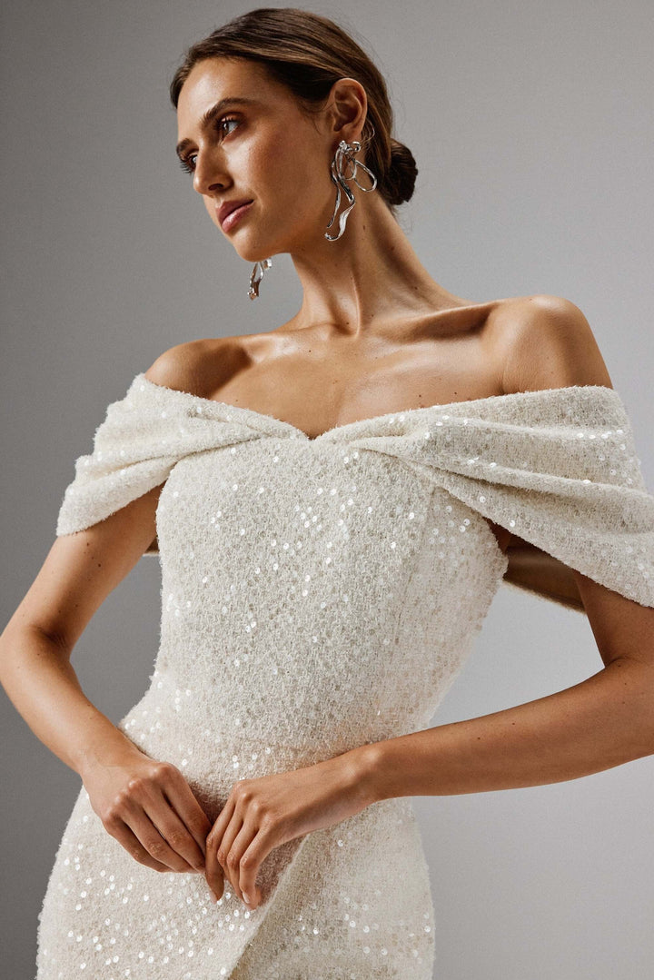 Draped Bardot Sequin Boucle Midi Dress