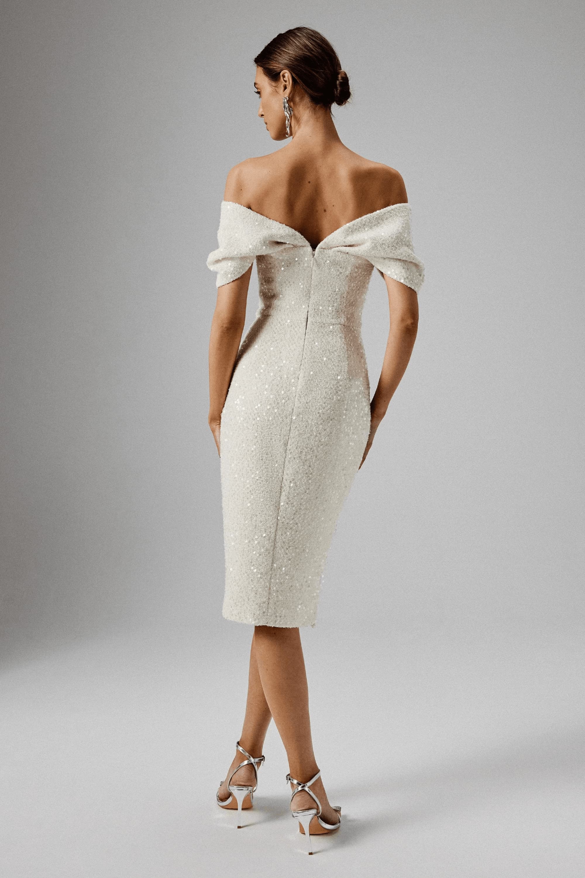 Draped Bardot Sequin Boucle Midi Dress